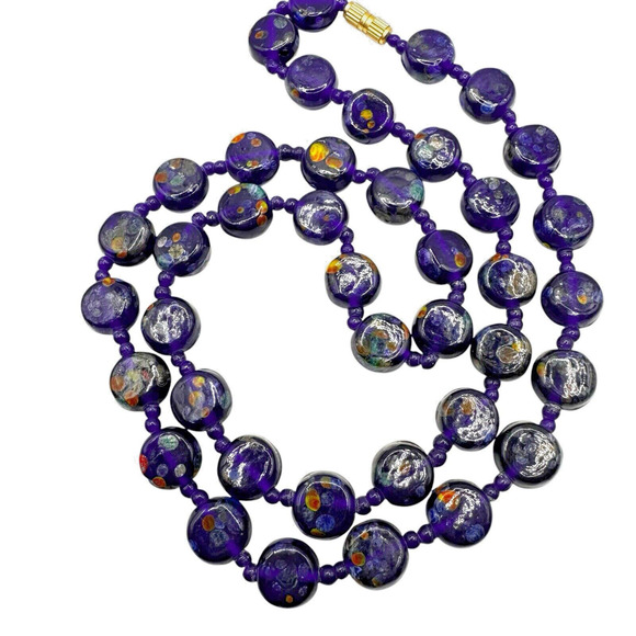 Art Glass Necklace Cobalt Blue Speckled Pressed Disc Style and Seed Beads 20" - Picture 5 of 10